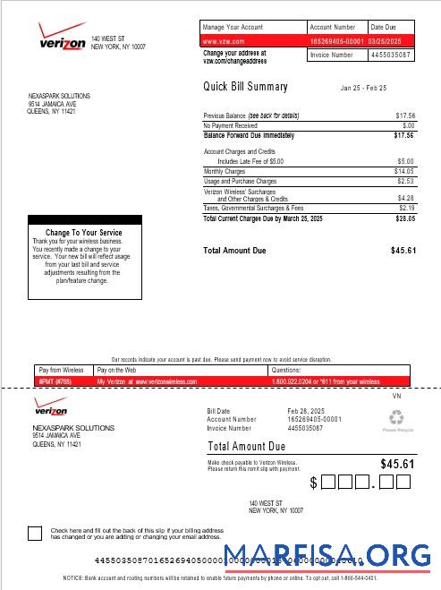 Printable USA Verizon business utility bill Word and PDF template, version 3